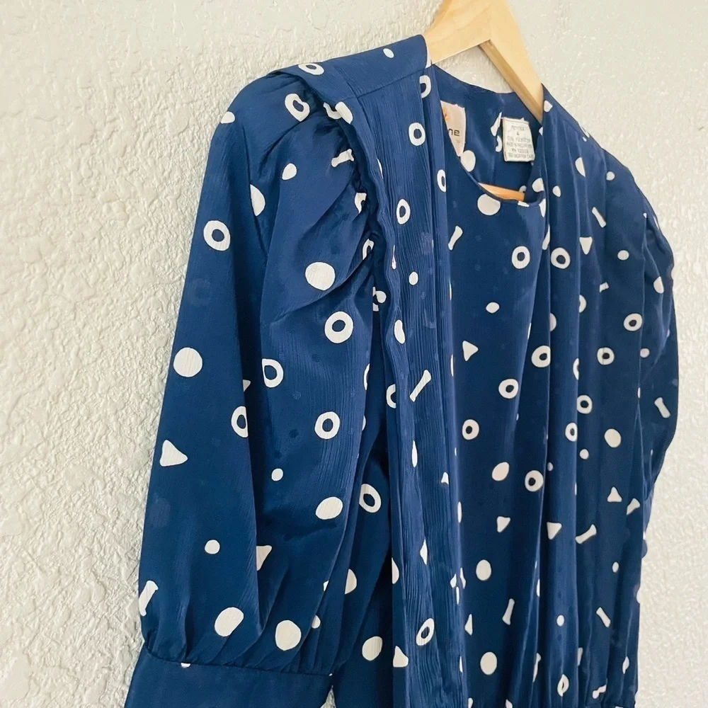Vintage Liz Claiborne Navy Blue Button Back Abstract Print Pleated Midi Dress - Picture 6 of 16